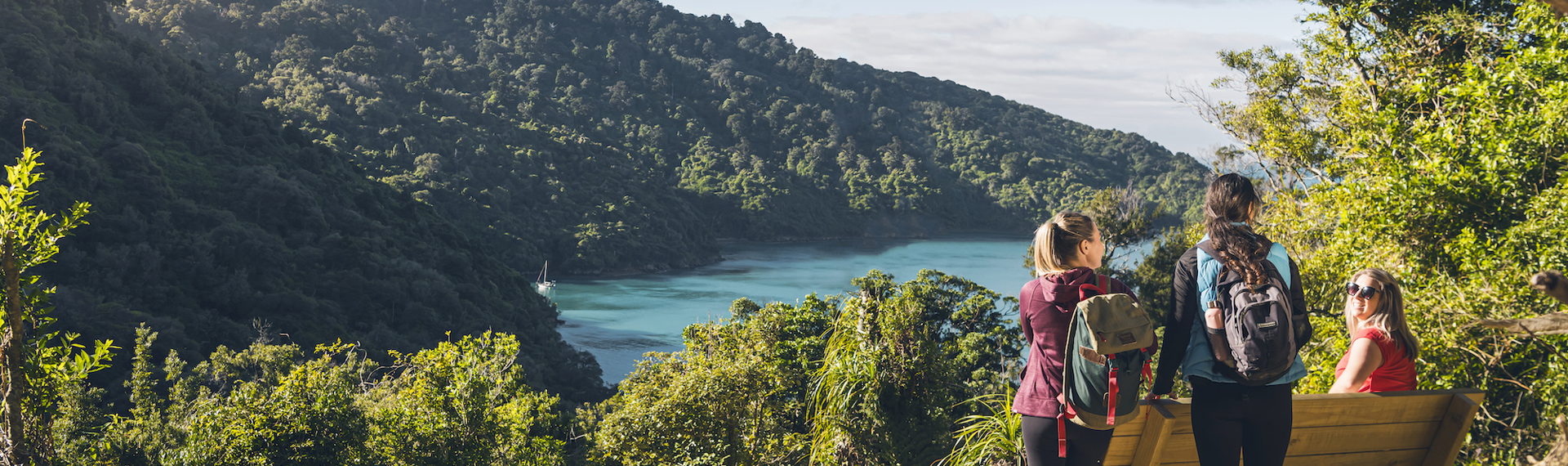 Three woman walkers look out over Ship Cove/Meretoto on the Queen Charlotte Track.